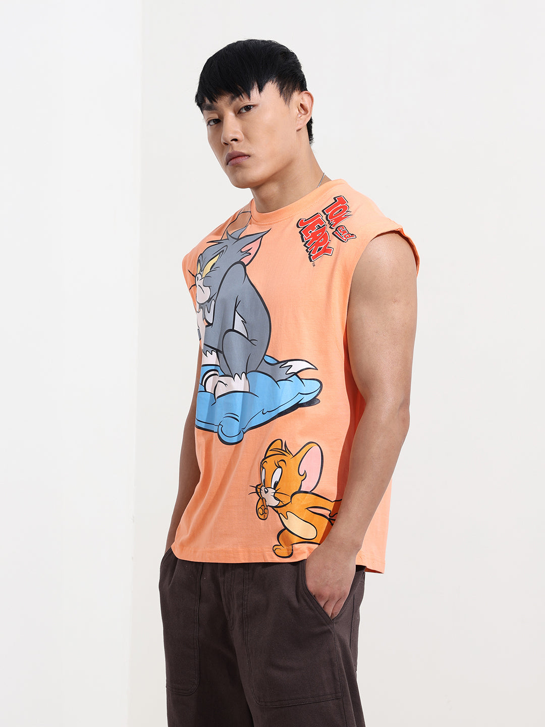 Men's Orange Oversized Fit Tom & Jerry Character T-Shirt