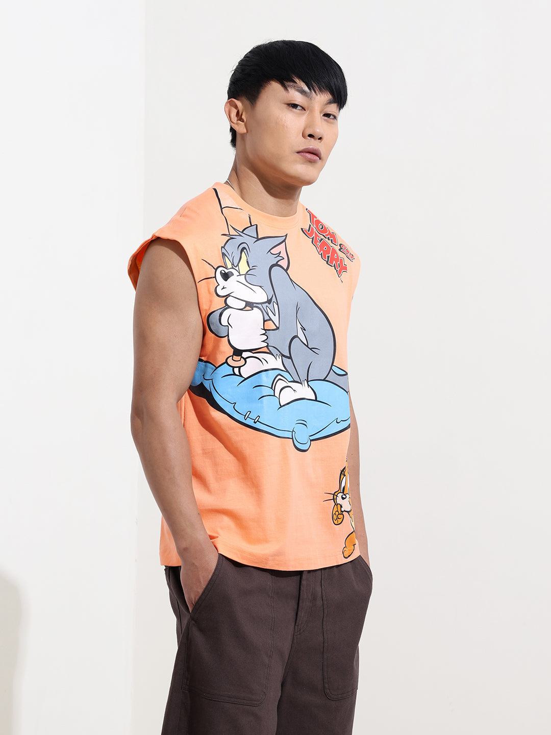 Men's Orange Oversized Fit Tom & Jerry Character T-Shirt