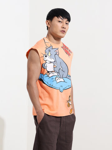 Men's Orange Oversized Fit Tom & Jerry Character T-Shirt