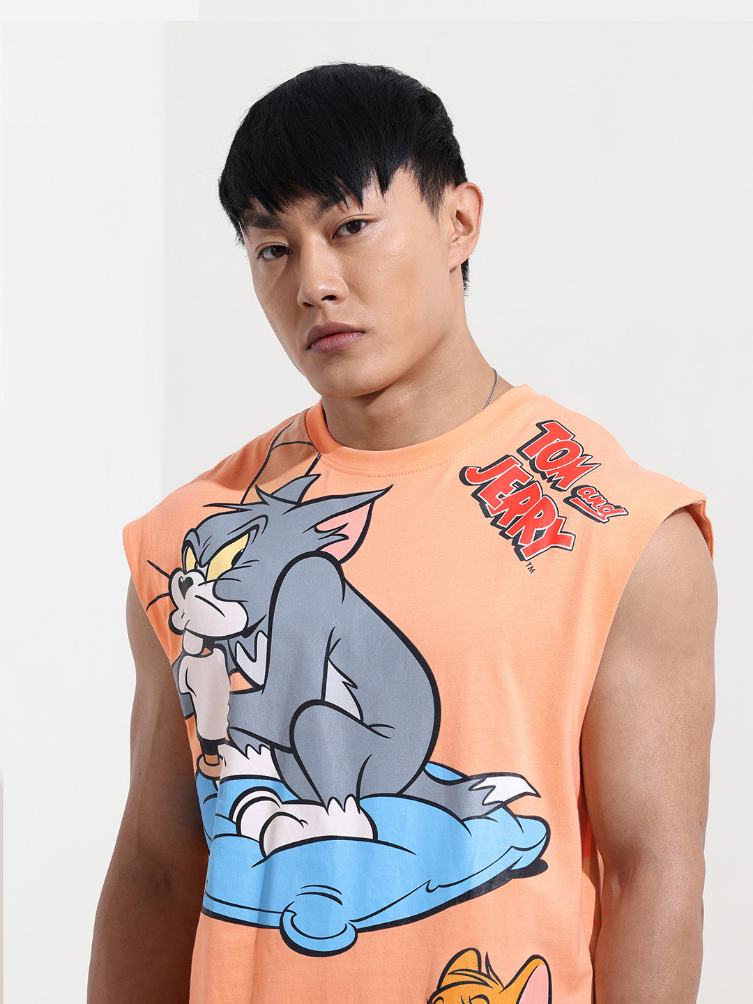 Men's Orange Oversized Fit Tom & Jerry Character T-Shirt