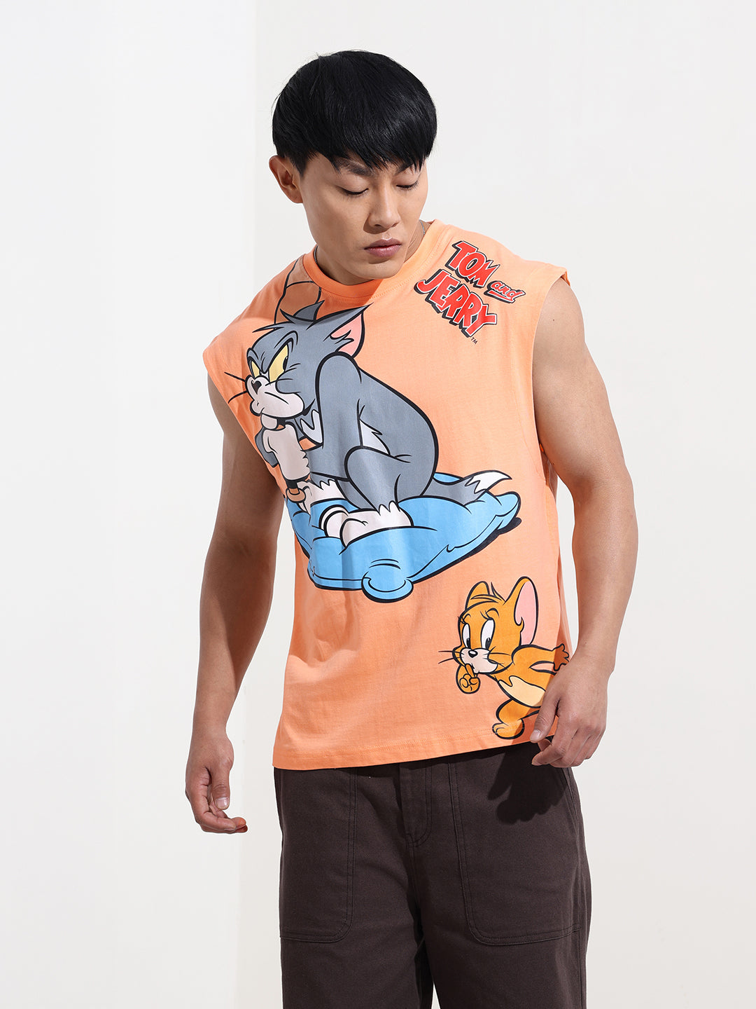 Men's Orange Oversized Fit Tom & Jerry Character T-Shirt