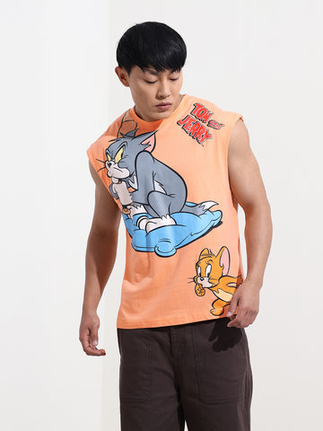 Men's Orange Oversized Fit Tom & Jerry Character T-Shirt