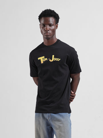 Men's Black Boxy Fit Character Tom & Jerry Printed Crew Neck T-Shirt