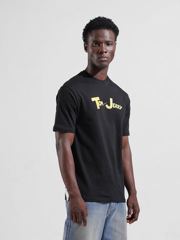 Men's Black Boxy Fit Character Tom & Jerry Printed Crew Neck T-Shirt