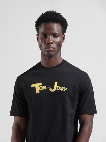 Men's Black Boxy Fit Character Tom & Jerry Printed Crew Neck T-Shirt