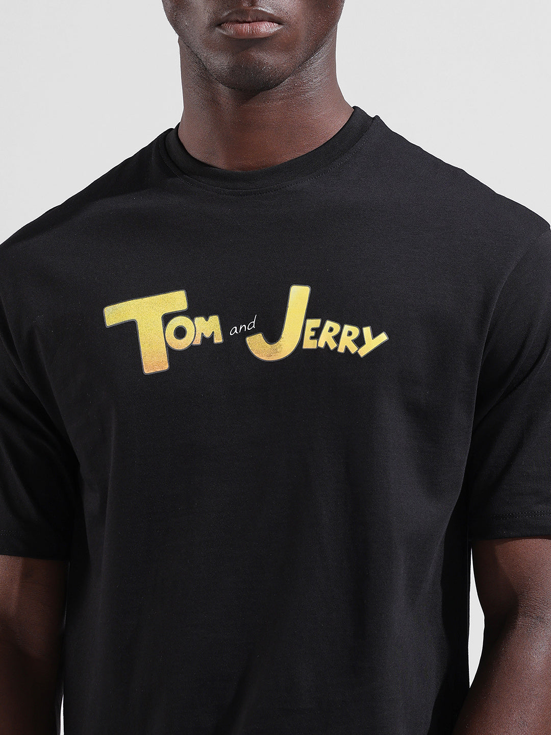 Men's Black Boxy Fit Character Tom & Jerry Printed Crew Neck T-Shirt