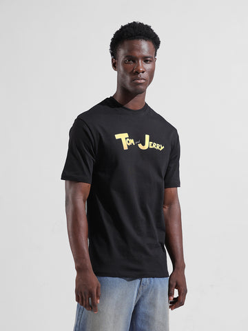 Men's Black Boxy Fit Character Tom & Jerry Printed Crew Neck T-Shirt