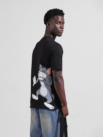 Men's Black Boxy Fit Character Tom & Jerry Printed Crew Neck T-Shirt