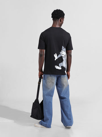Men's Black Boxy Fit Character Tom & Jerry Printed Crew Neck T-Shirt