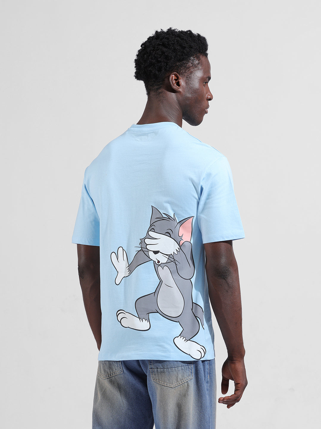 Men's Blue Boxy Fit Printed Tom & Jerry Crew Neck T-Shirt
