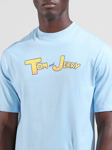 Men's Blue Boxy Fit Printed Tom & Jerry Crew Neck T-Shirt