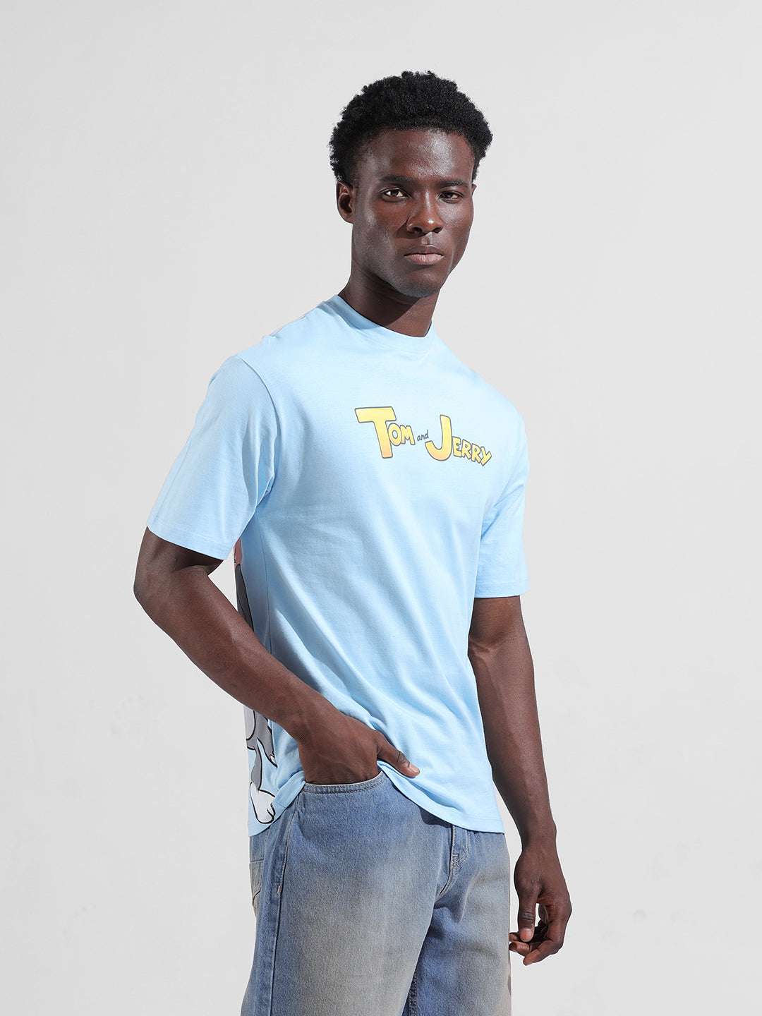 Men's Blue Boxy Fit Printed Tom & Jerry Crew Neck T-Shirt