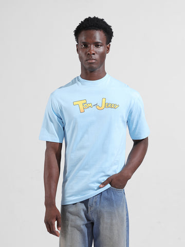 Men's Blue Boxy Fit Printed Tom & Jerry Crew Neck T-Shirt