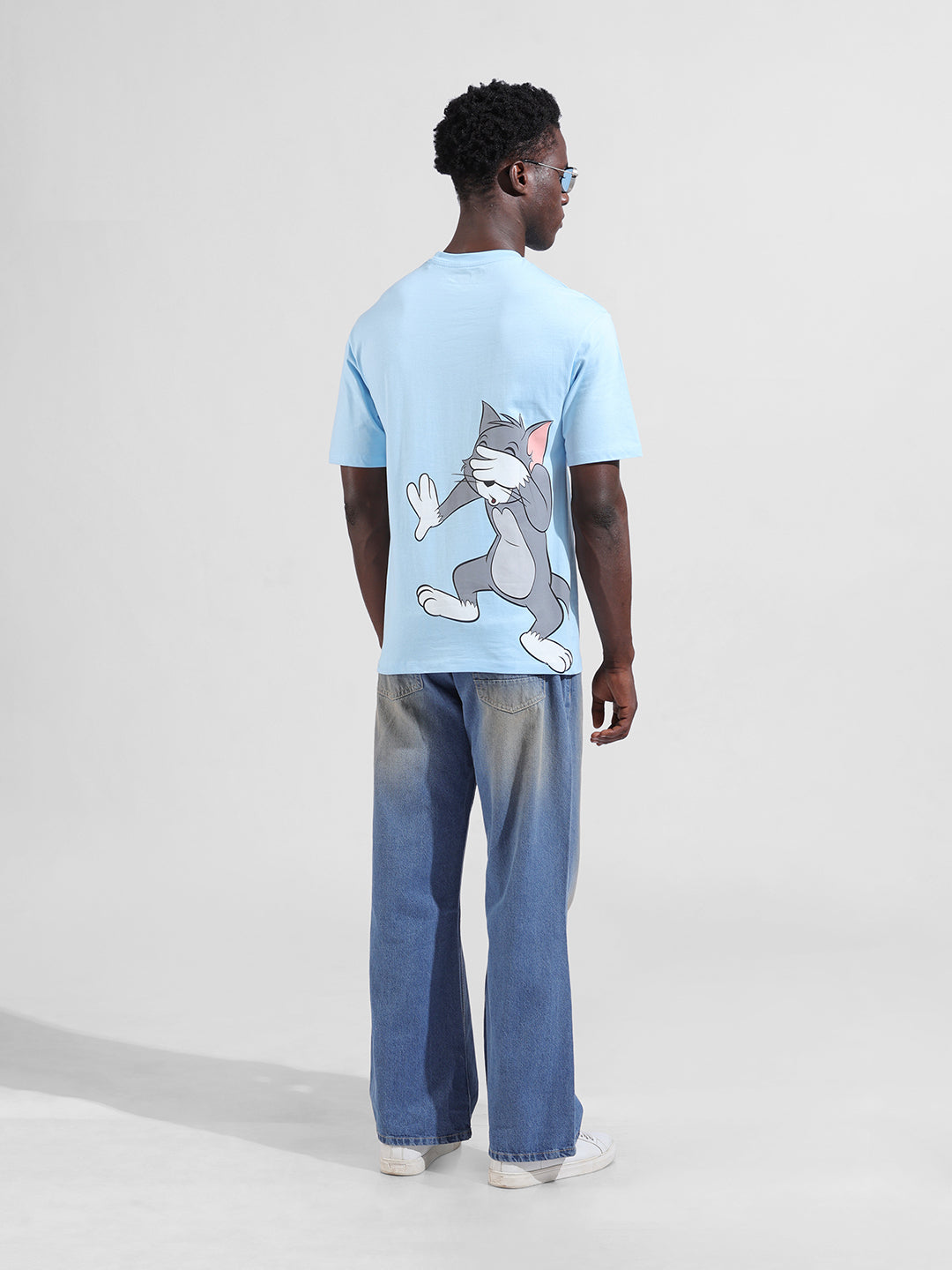 Men's Blue Boxy Fit Printed Tom & Jerry Crew Neck T-Shirt