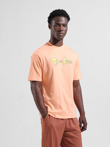 Men's Orange Boxy Fit Character Tom & Jerry Printed Crew Neck T-Shirt