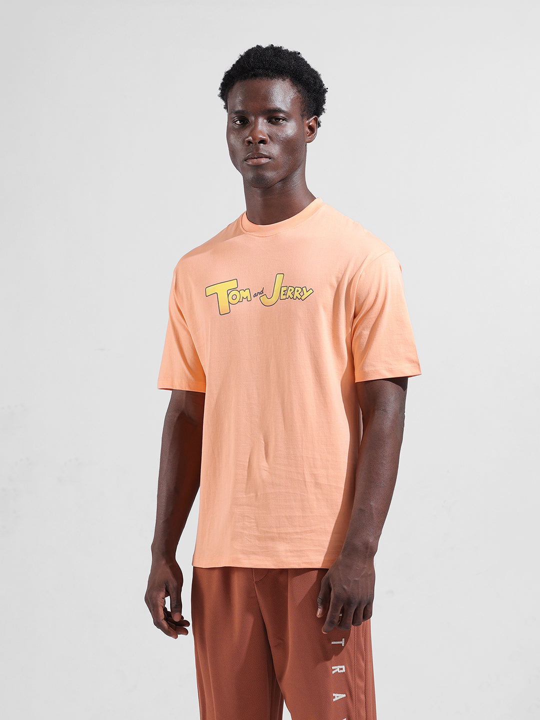 Men's Orange Boxy Fit Character Tom & Jerry Printed Crew Neck T-Shirt