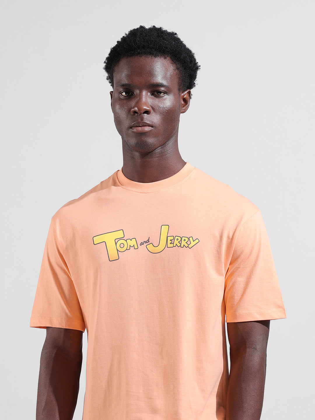 Men's Orange Boxy Fit Character Tom & Jerry Printed Crew Neck T-Shirt