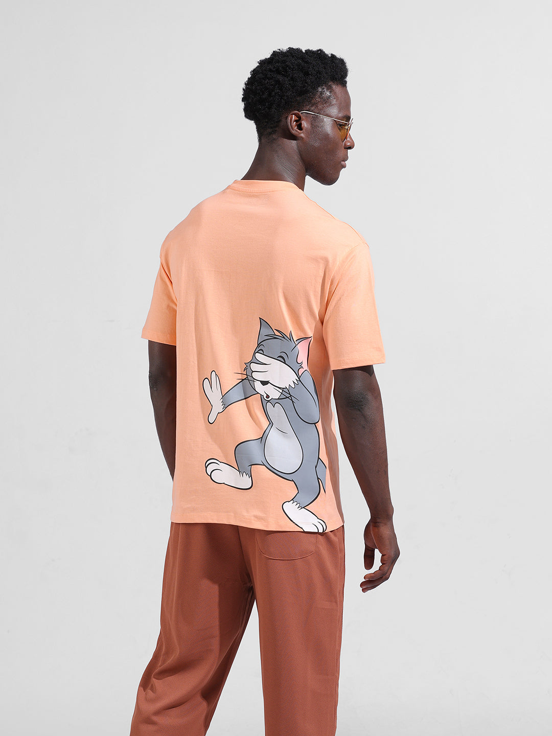Men's Orange Boxy Fit Character Tom & Jerry Printed Crew Neck T-Shirt