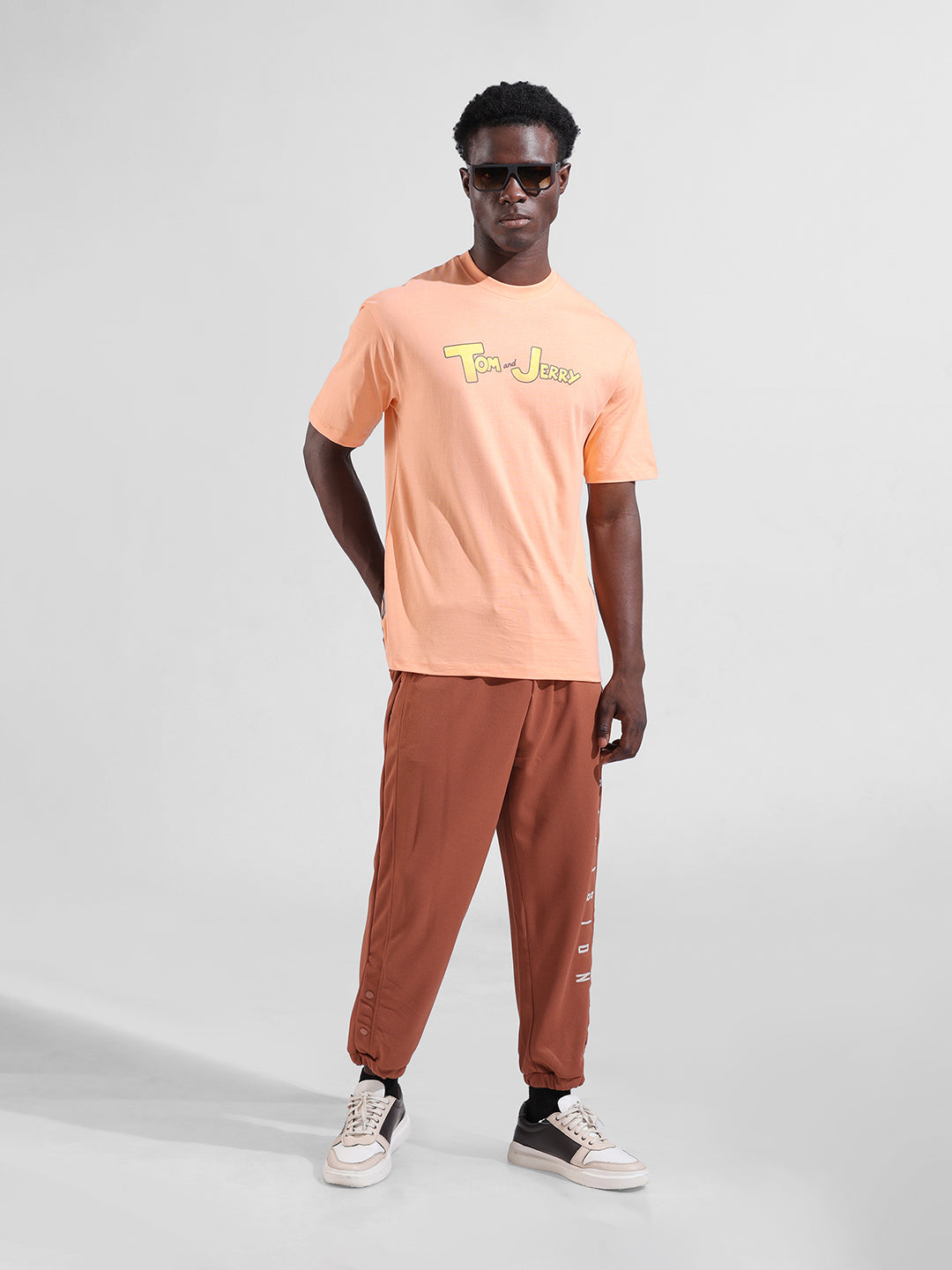 Men's Orange Boxy Fit Character Tom & Jerry Printed Crew Neck T-Shirt