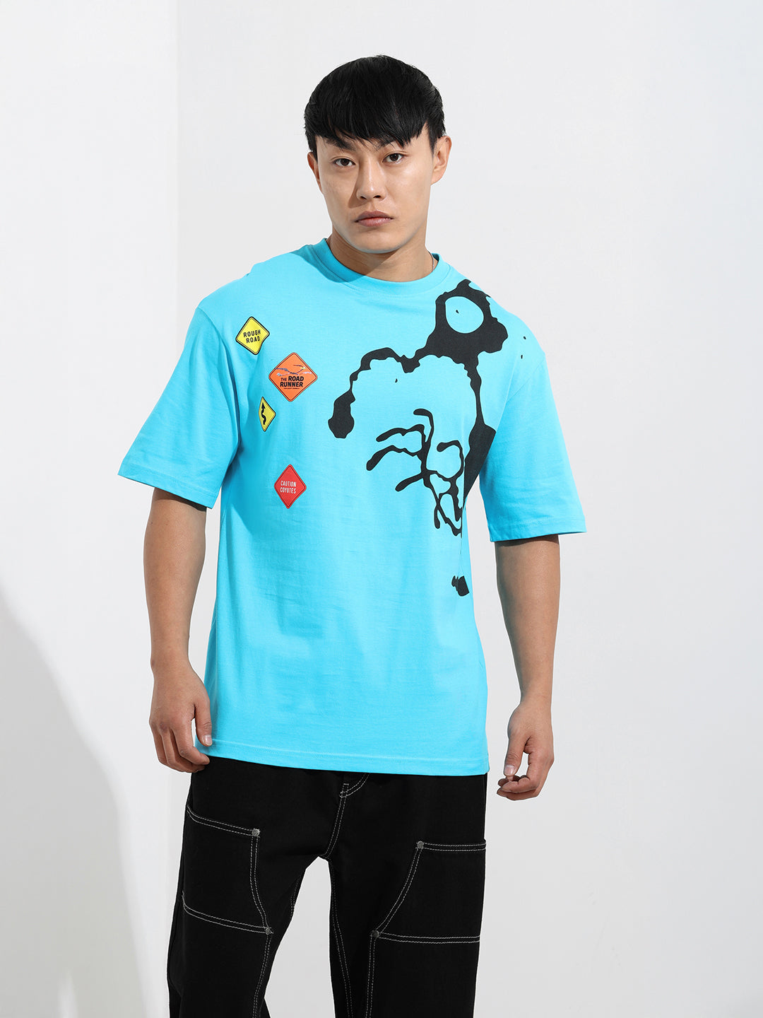 Men's Blue Boxy Fit Character Looney Tunes  Printed Crew Neck T-Shirt