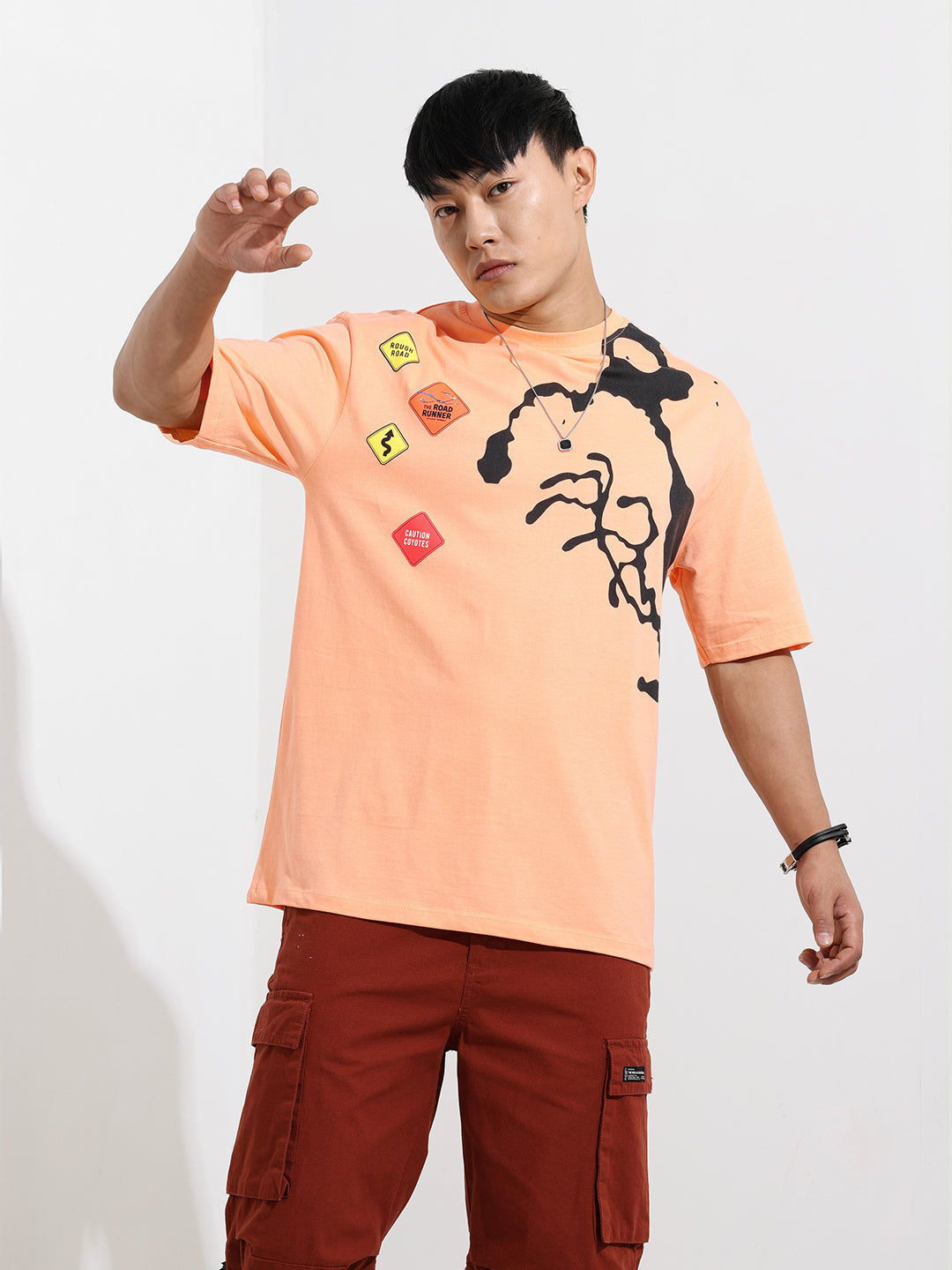 Men's Orange Boxy Fit Character Looney Tunes  Printed Crew Neck T-Shirt