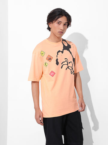 Men's Orange Boxy Fit Character Looney Tunes  Printed Crew Neck T-Shirt