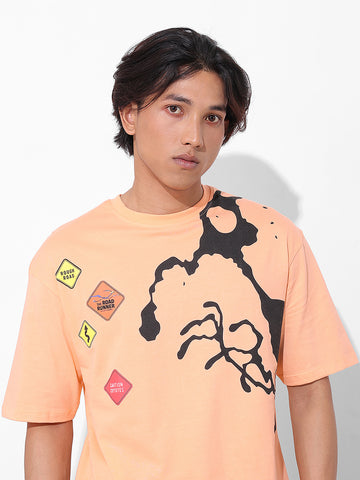 Men's Orange Boxy Fit Character Looney Tunes  Printed Crew Neck T-Shirt