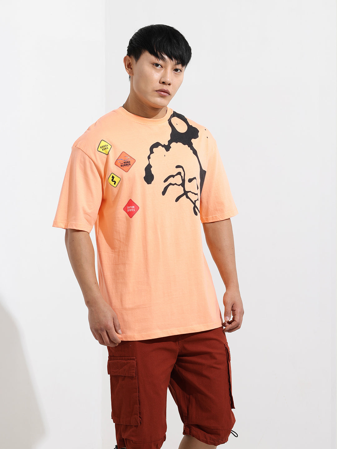 Men's Orange Boxy Fit Character Looney Tunes  Printed Crew Neck T-Shirt