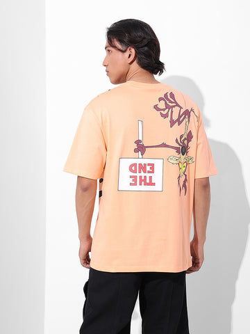 Men's Orange Boxy Fit Character Looney Tunes  Printed Crew Neck T-Shirt