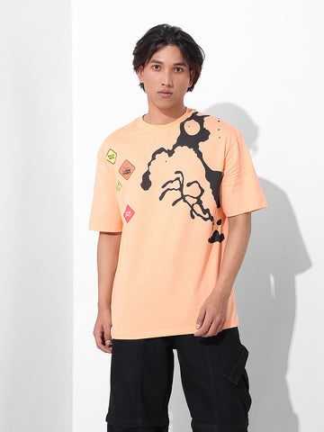 Men's Orange Boxy Fit Character Looney Tunes  Printed Crew Neck T-Shirt