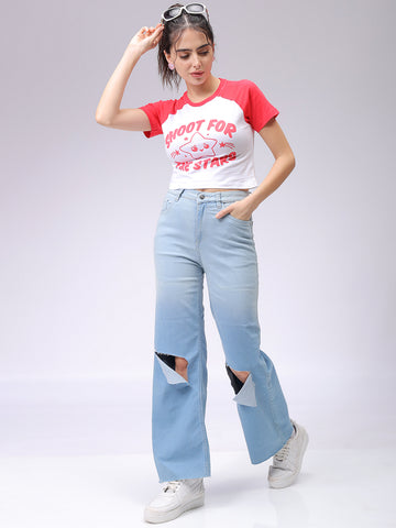 Women's White Slim Fit Typographic Baseball T-Shirt