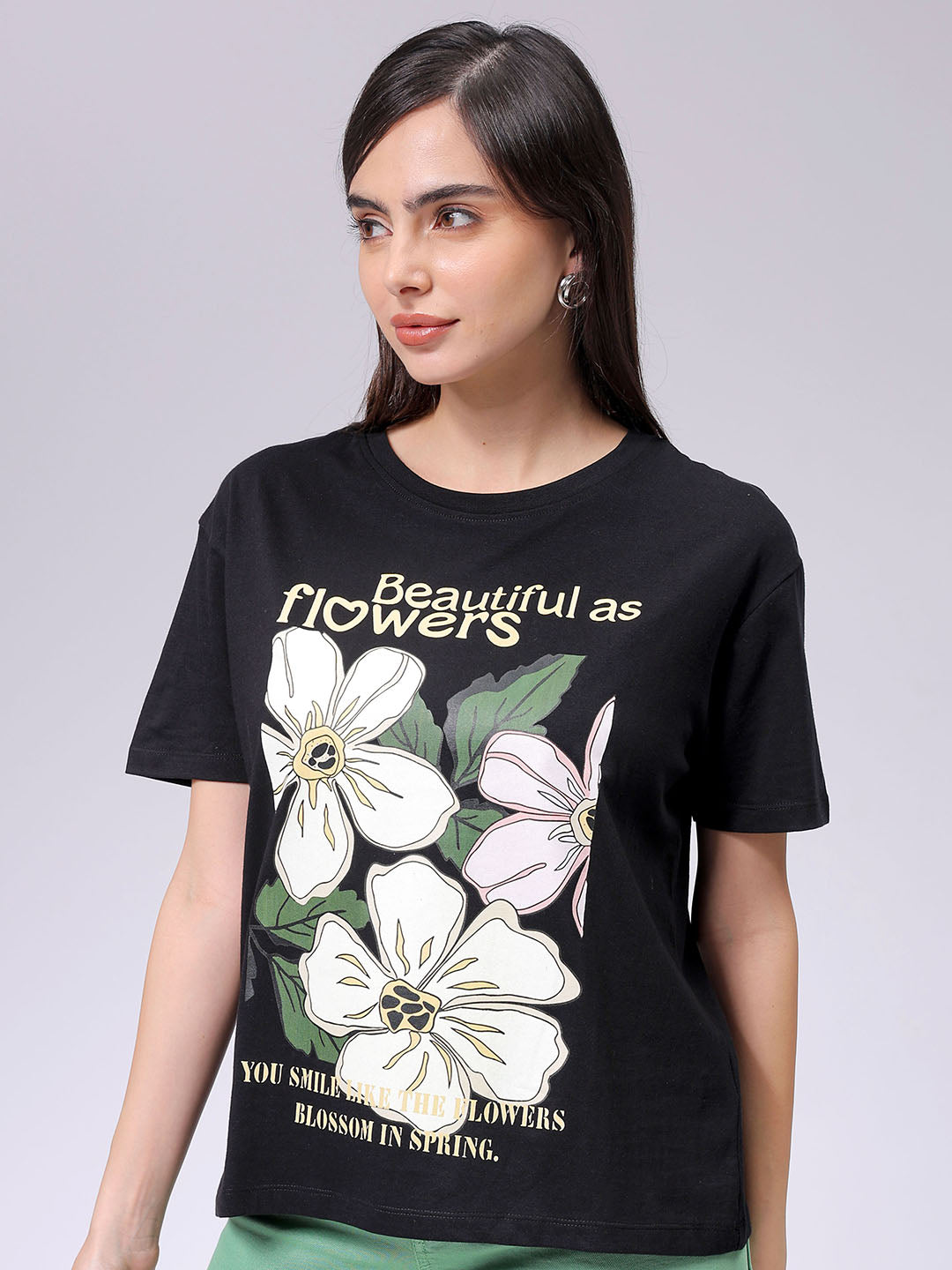Women's Black Relaxed Fit Solid T-Shirt