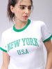 Women's White Slim Fit Typographic Cropped T-Shirt