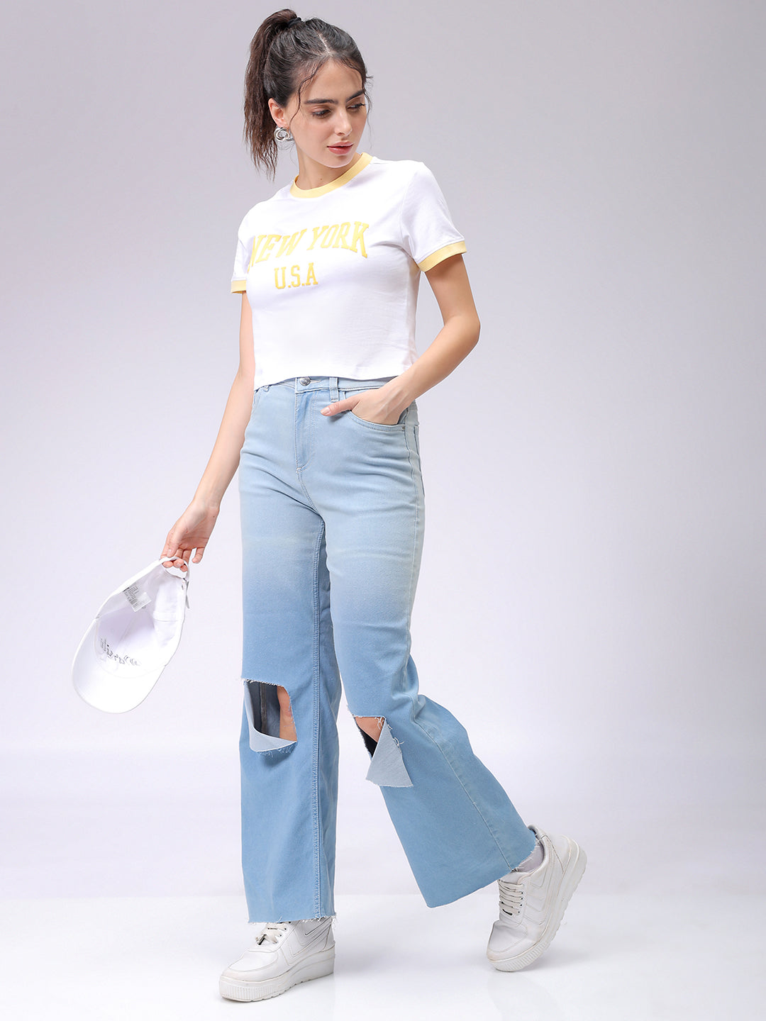 Women's White Slim Fit Typographic Cropped T-Shirt