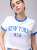 Women's White Slim Fit Typographic Cropped T-Shirt