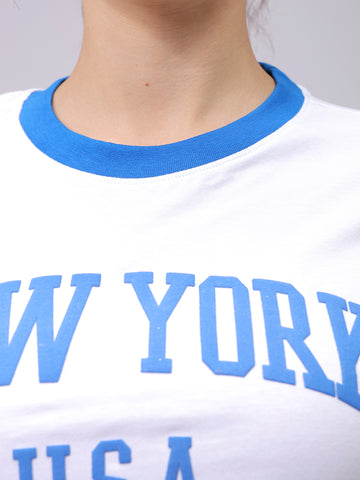 Women's White Slim Fit Typographic Cropped T-Shirt