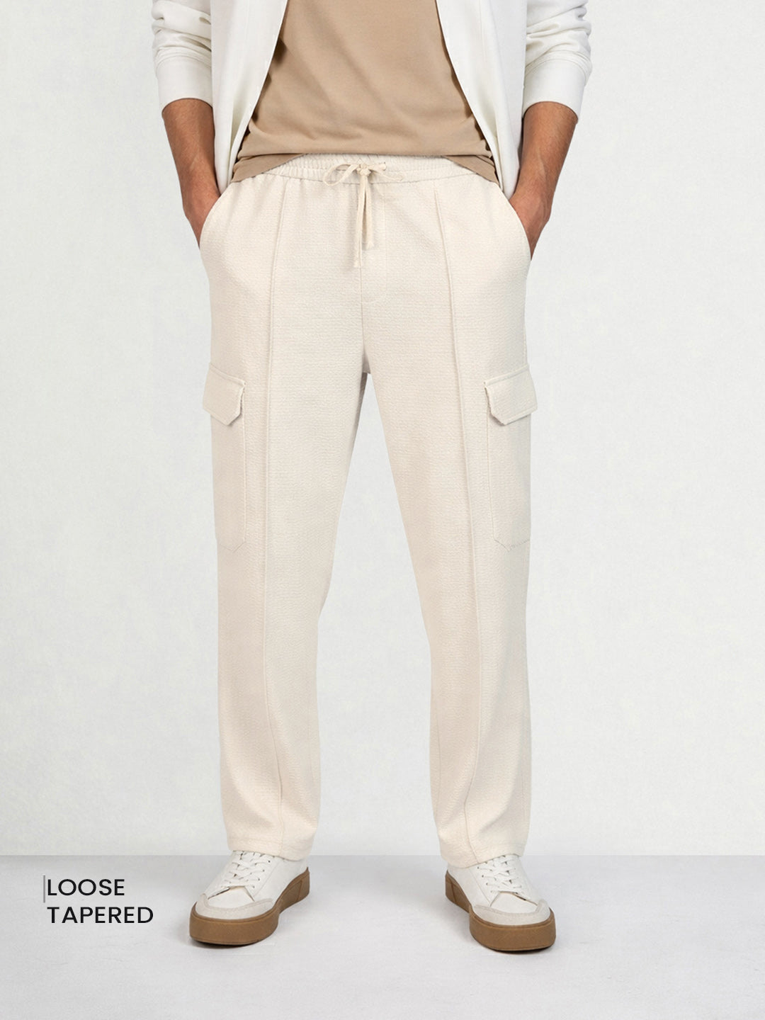 Men's White Loose Fit Textured Casual Joggers
