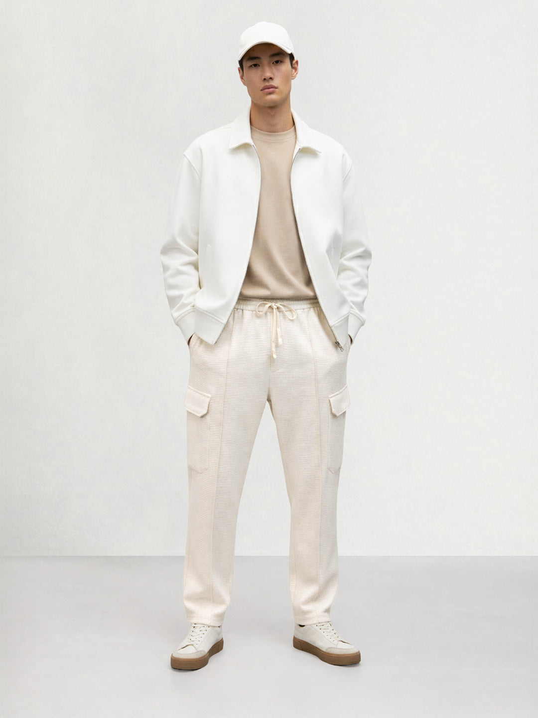 Men's White Loose Fit Textured Casual Joggers