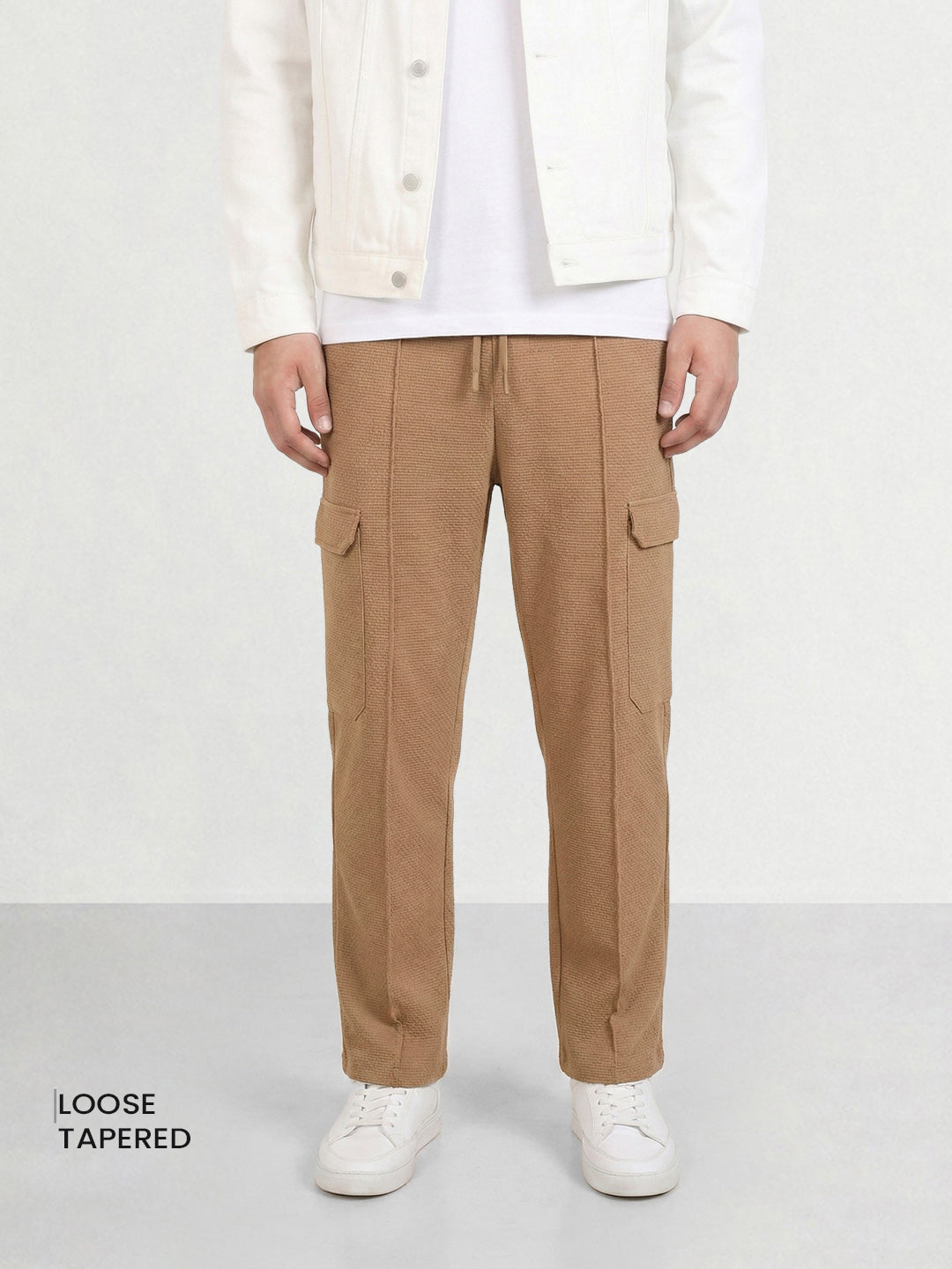 Men's Khaki Loose Fit Textured Casual Joggers