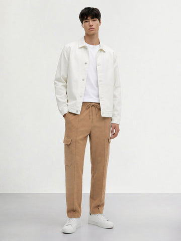 Men's Khaki Loose Fit Textured Casual Joggers