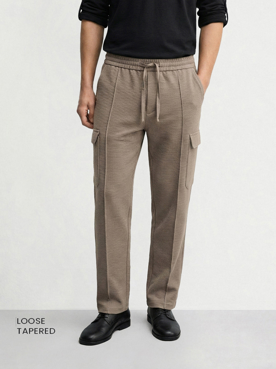 Men's Khaki Loose Fit Textured Casual Joggers