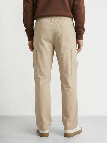 Men's Beige Relaxed Fit Solid Utility Cargo