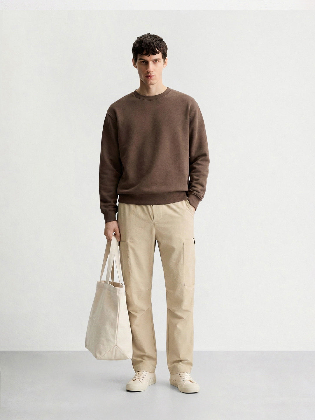Men's Beige Relaxed Fit Solid Utility Cargo