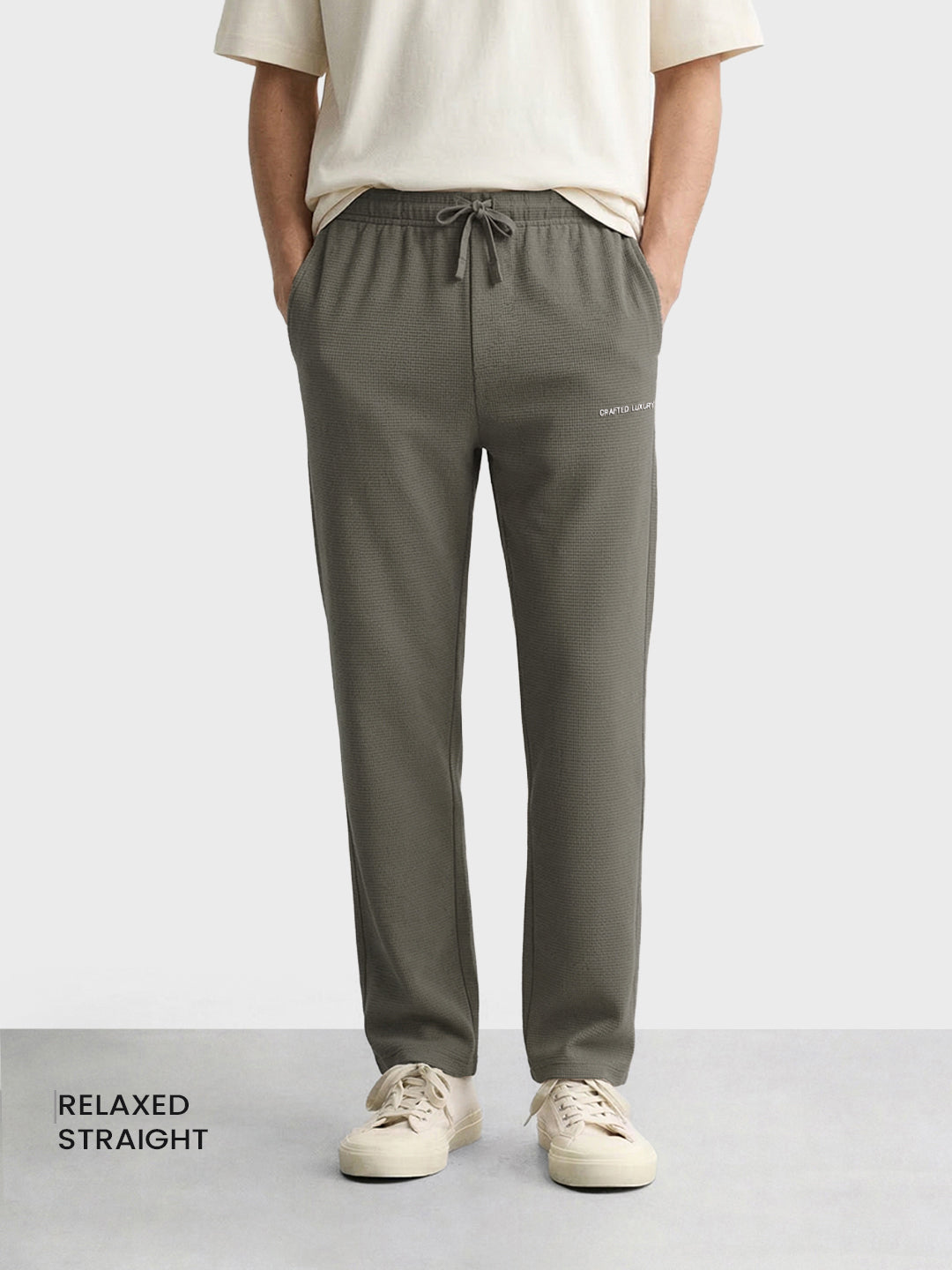 Men's Khaki Relaxed Fit Textured Casual Joggers