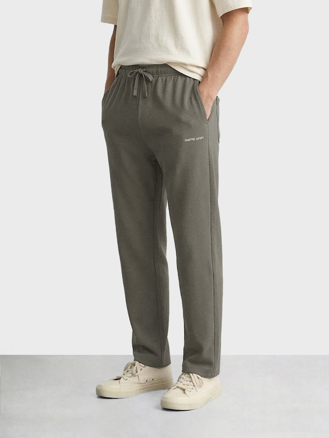 Men's Khaki Relaxed Fit Textured Casual Joggers