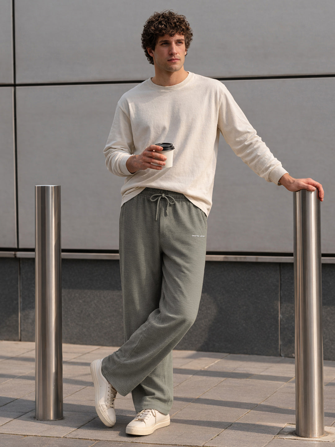Men's Khaki Relaxed Fit Textured Casual Joggers