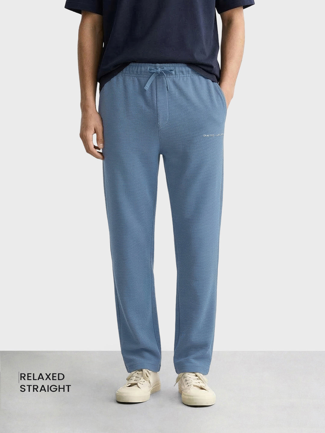 Men's Blue Relaxed Fit Textured Casual Joggers