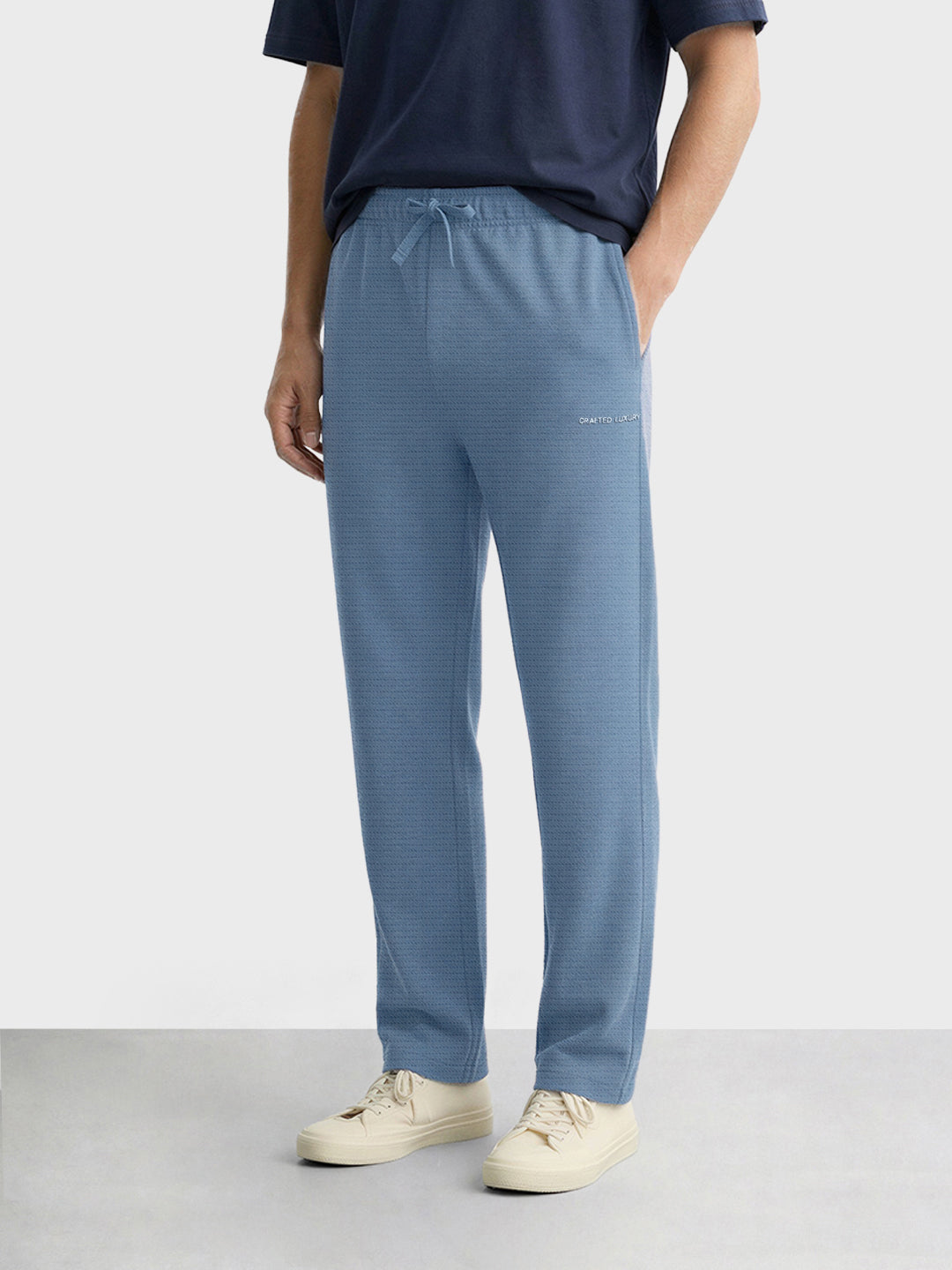 Men's Blue Relaxed Fit Textured Casual Joggers