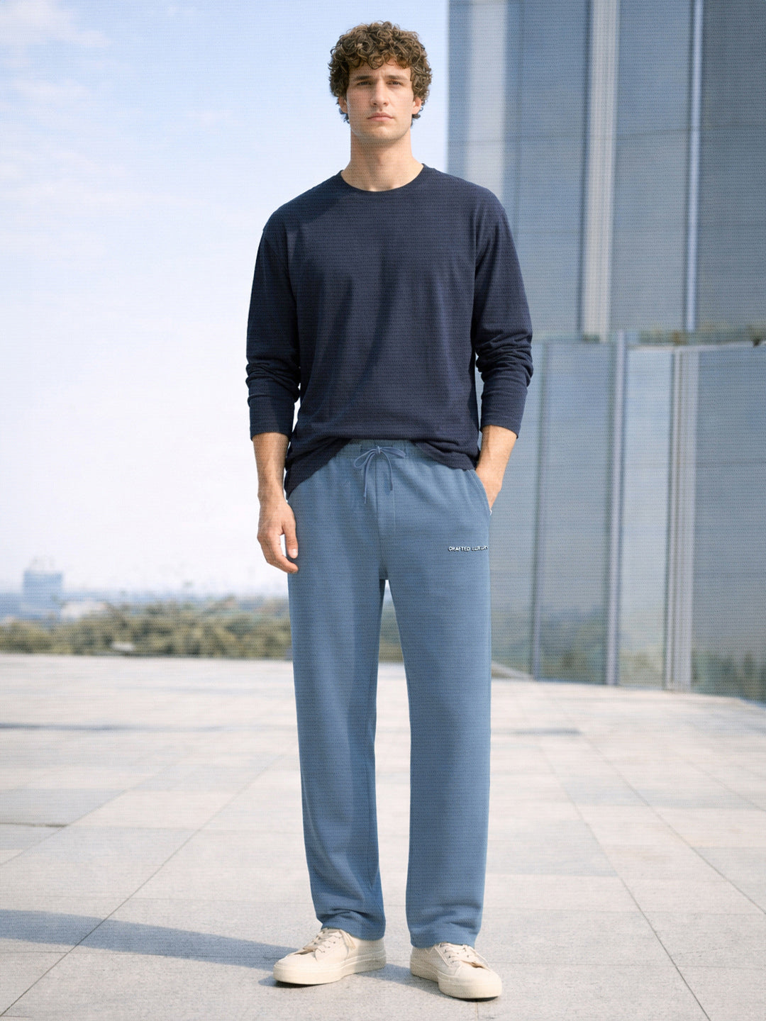 Men's Blue Relaxed Fit Textured Casual Joggers