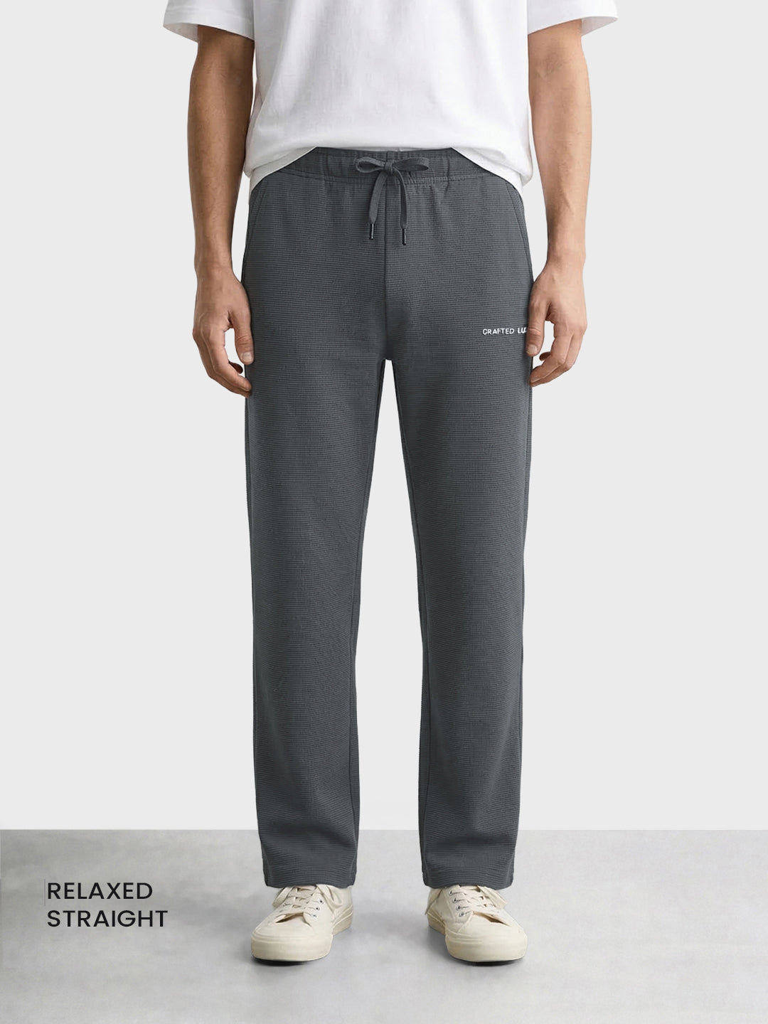 Men's Grey Relaxed Fit Textured Casual Joggers
